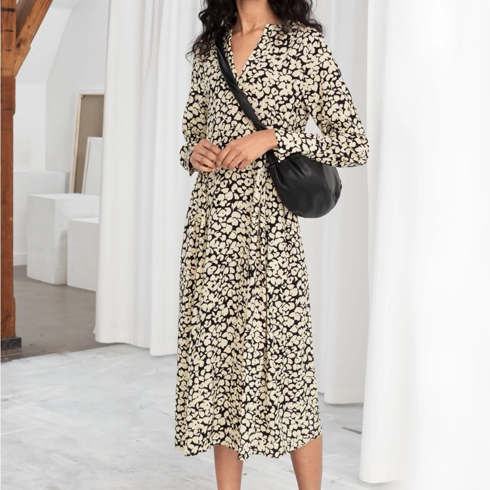 & other stories womens floral pleated midi dress size 4 long sleeve